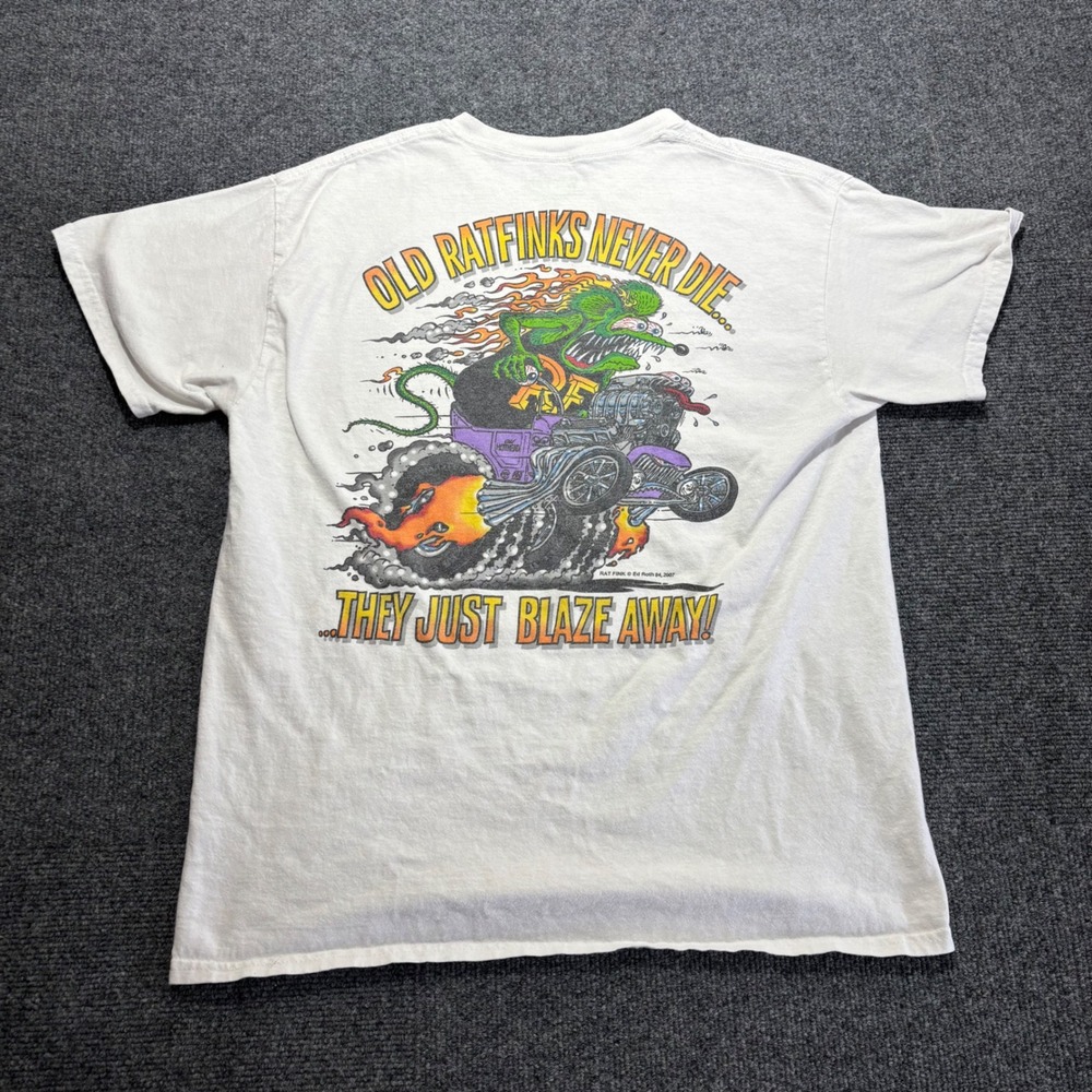 Rat Fink Ed Roth Old Ratfinks Never Die White Graphic T-Shirt Mens Large 2007